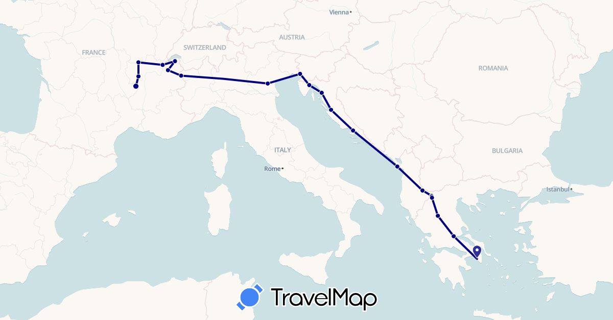 TravelMap itinerary: driving in Albania, France, Greece, Croatia, Italy, Montenegro (Europe)